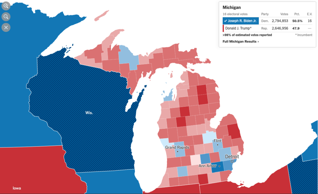 Elezioni presidenziali USA 2020, mappa coropletica del Michigan / NYTimes.com