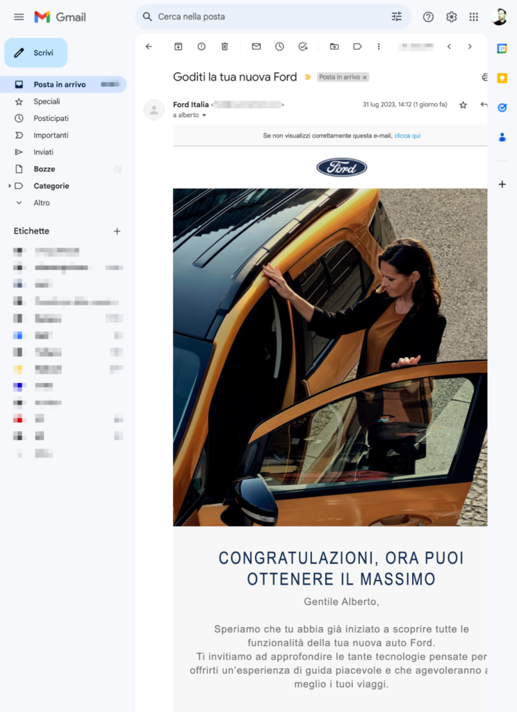 Marketing automation che NON funziona: screenshot dell'email "Goditi la tua nuova Ford"